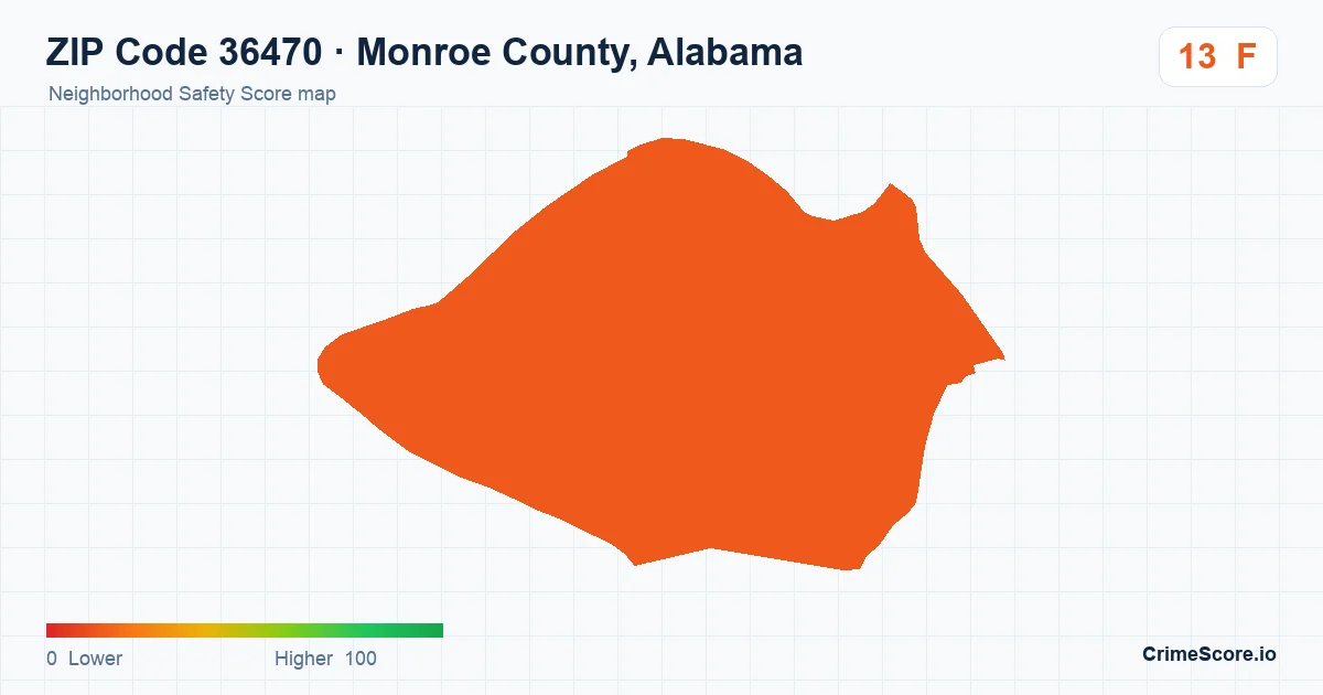 ZIP Code 36470 in Monroe County, Alabama neighborhood Safety Score map