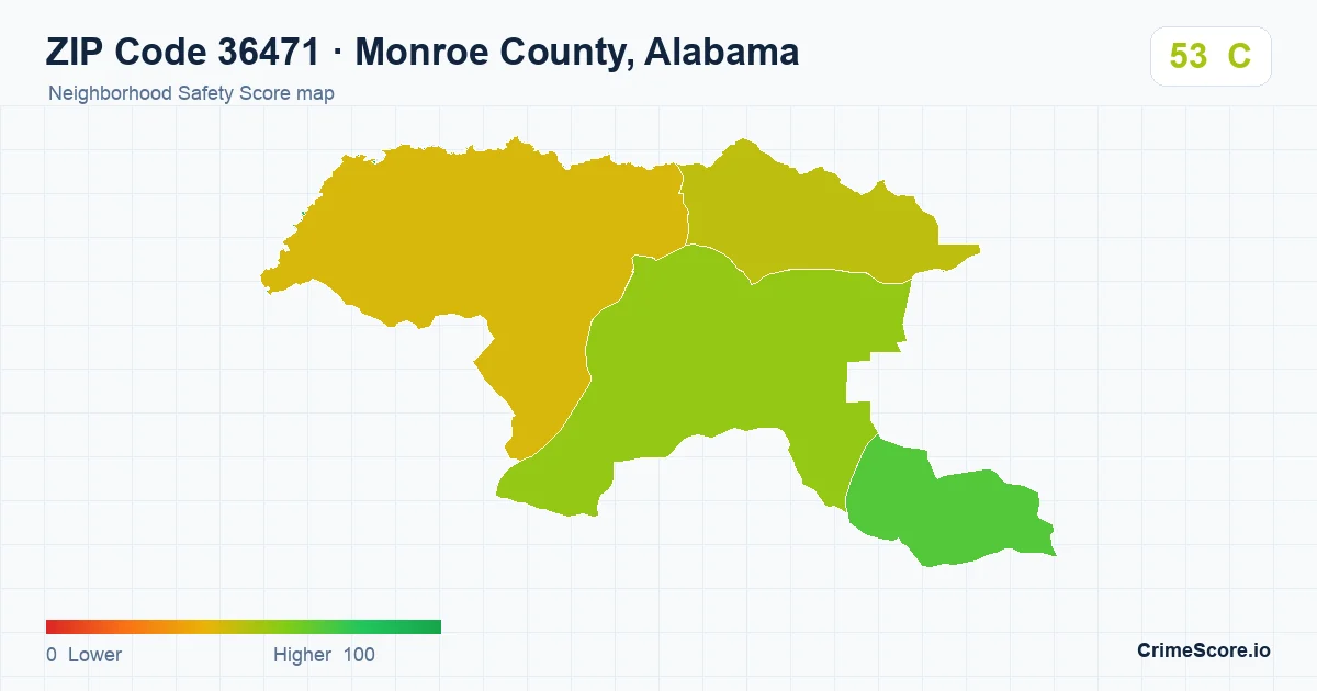 ZIP Code 36471 in Monroe County, Alabama neighborhood Safety Score map