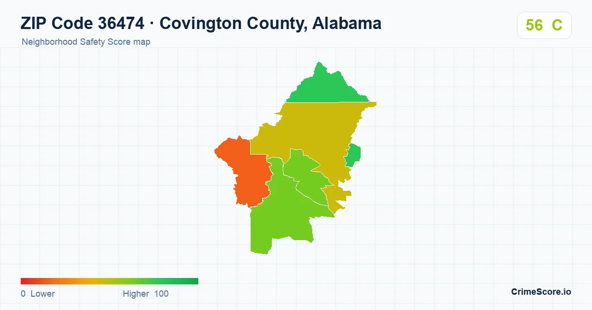 ZIP Code 36474 in Covington County, Alabama neighborhood Safety Score map