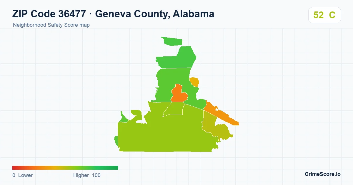 ZIP Code 36477 in Geneva County, Alabama neighborhood Safety Score map