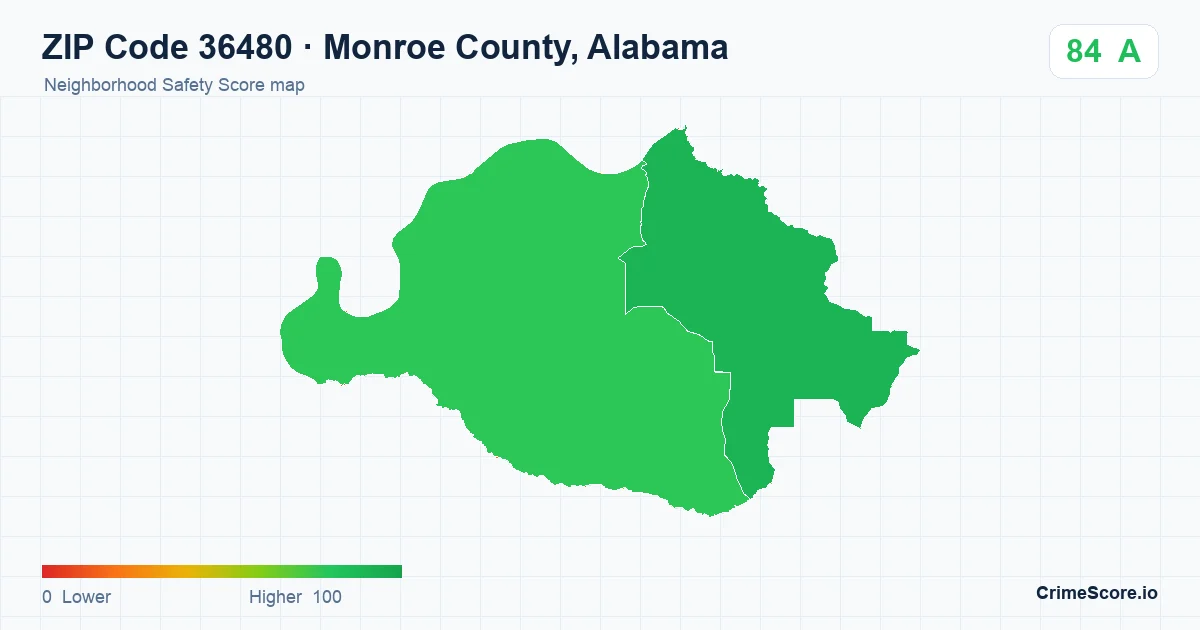 ZIP Code 36480 in Monroe County, Alabama neighborhood Safety Score map