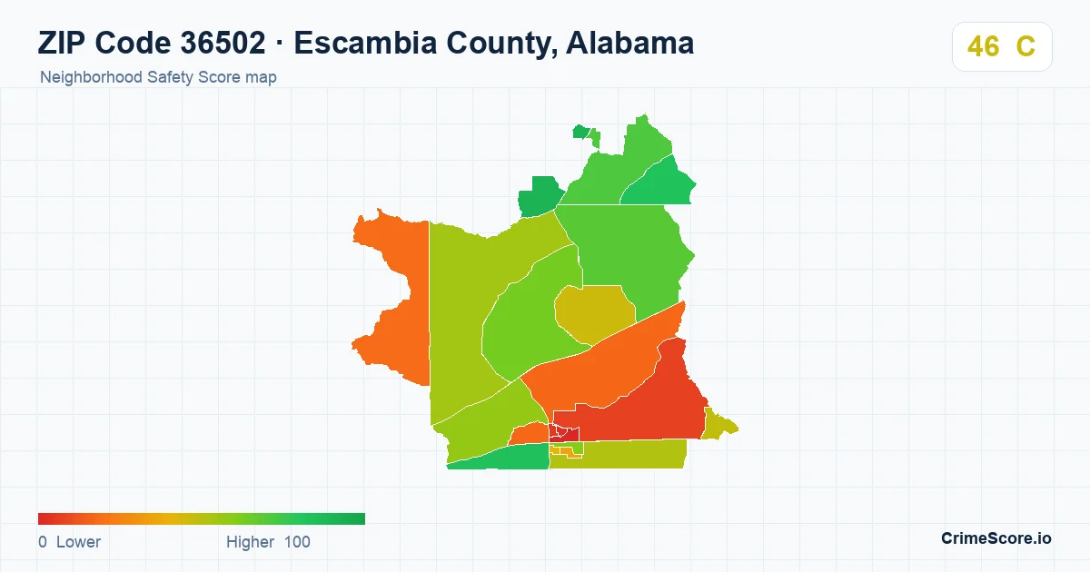 ZIP Code 36502 in Escambia County, Alabama neighborhood Safety Score map