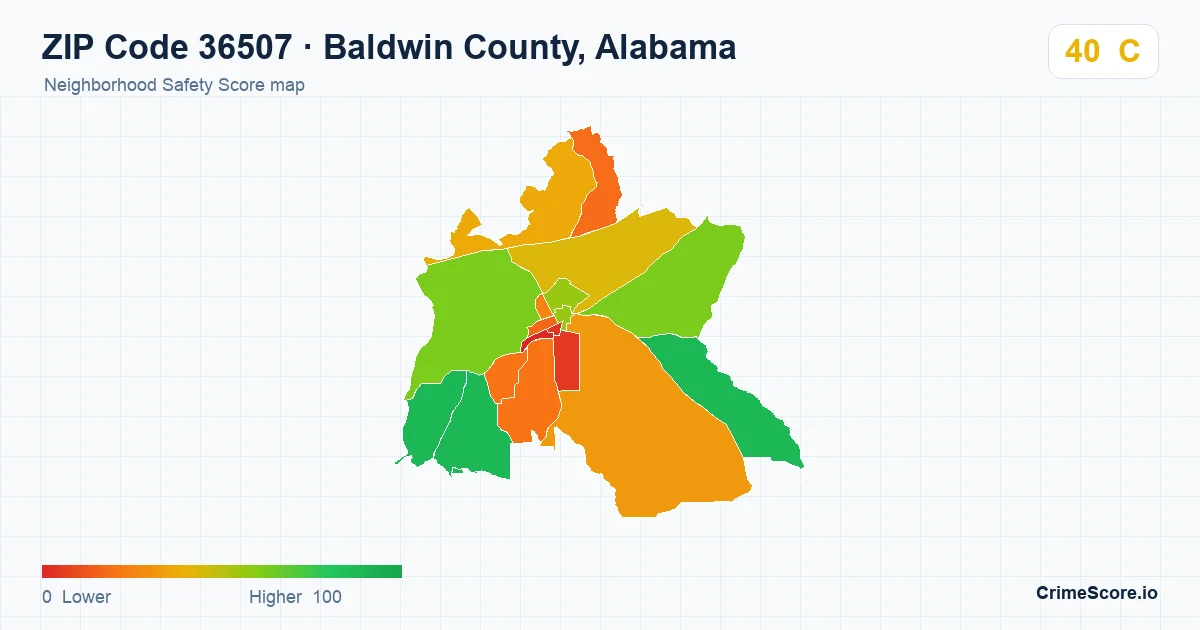 ZIP Code 36507 in Baldwin County, Alabama neighborhood Safety Score map