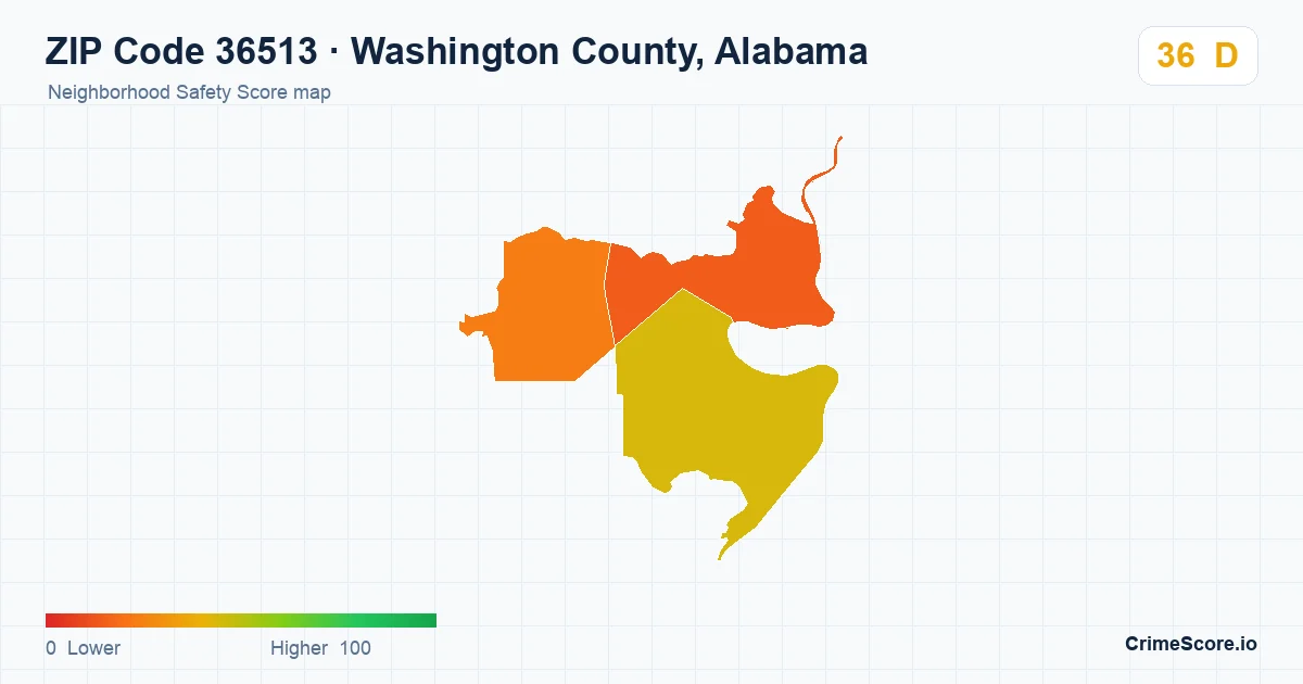 ZIP Code 36513 in Washington County, Alabama neighborhood Safety Score map