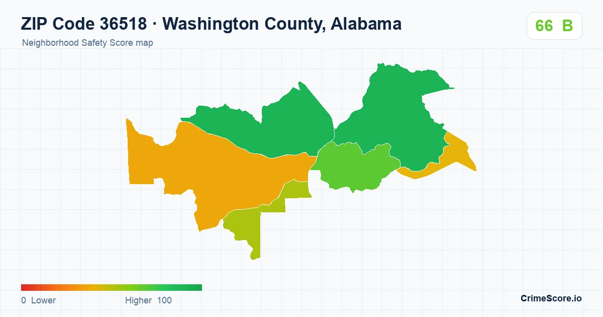 ZIP Code 36518 in Washington County, Alabama neighborhood Safety Score map