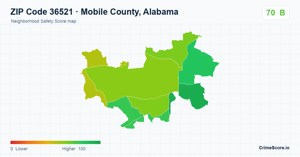 ZIP Code 36521 in Mobile County, Alabama neighborhood Safety Score map