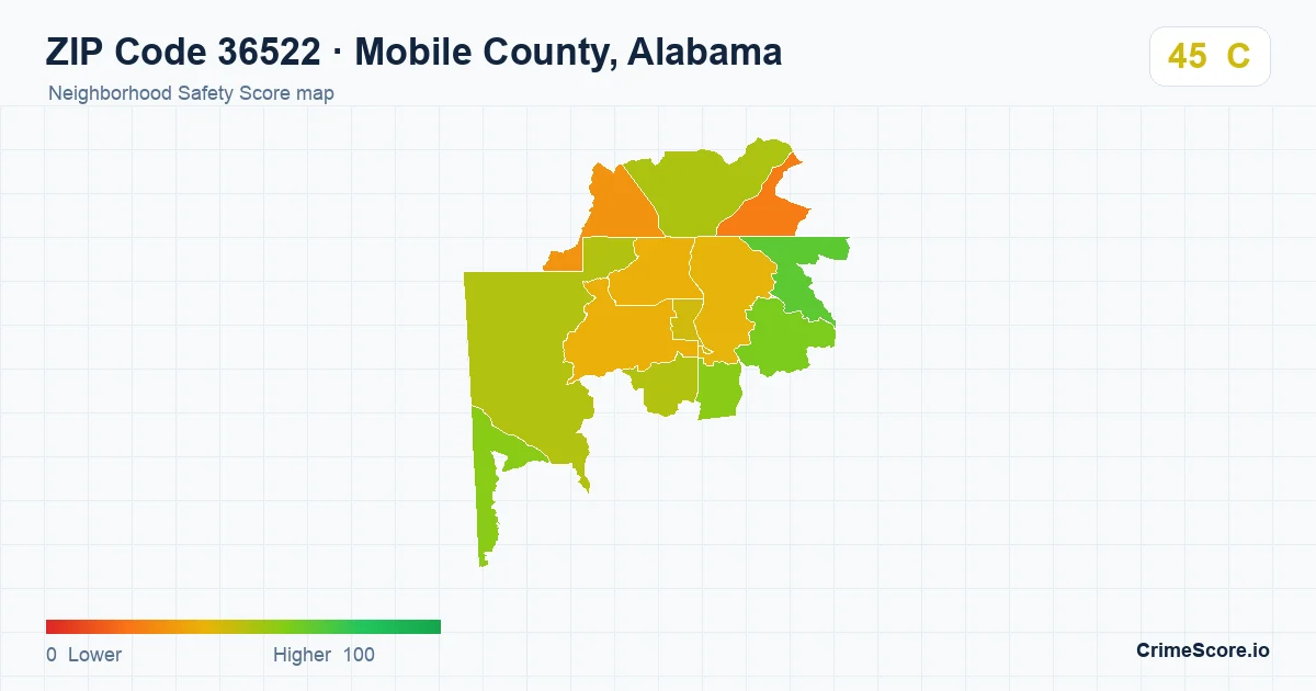 ZIP Code 36522 in Mobile County, Alabama neighborhood Safety Score map