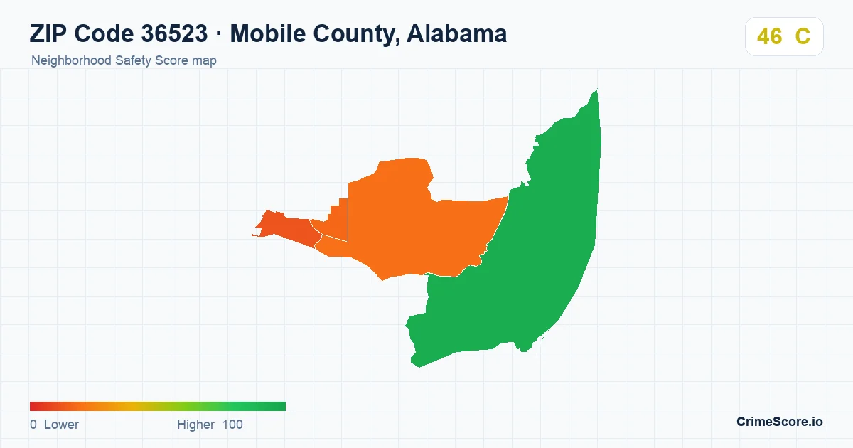 ZIP Code 36523 in Mobile County, Alabama neighborhood Safety Score map