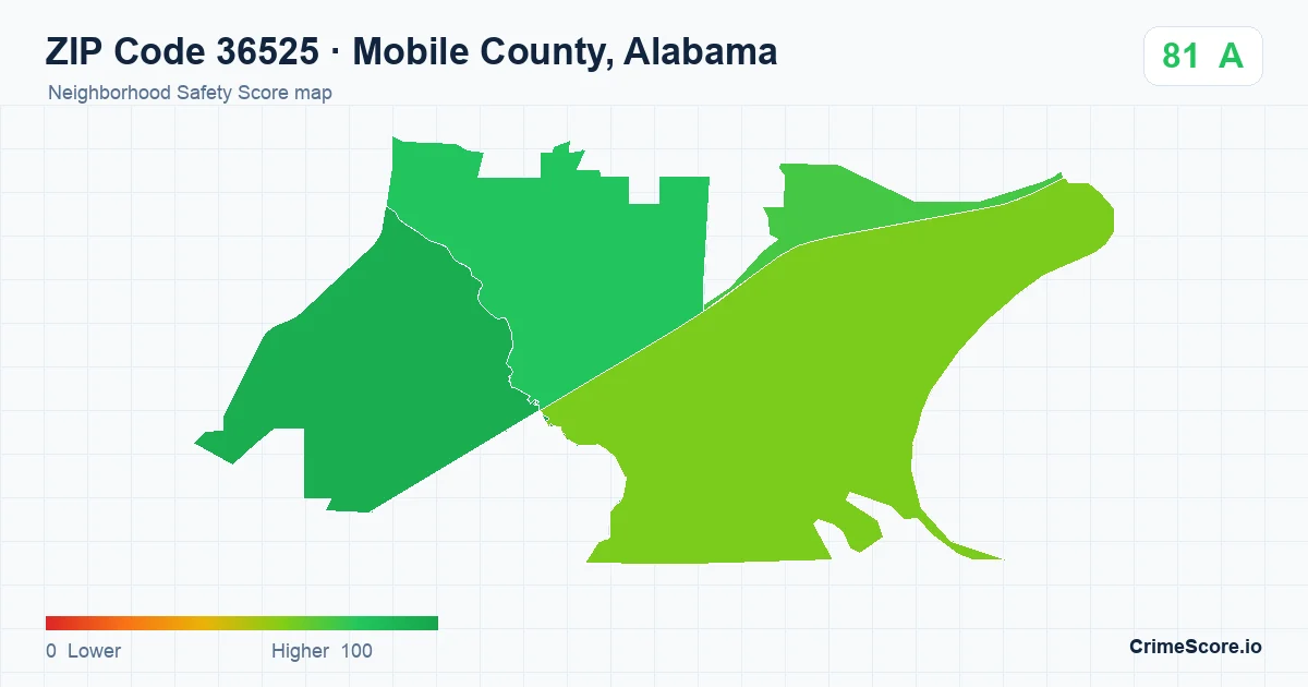 ZIP Code 36525 in Mobile County, Alabama neighborhood Safety Score map