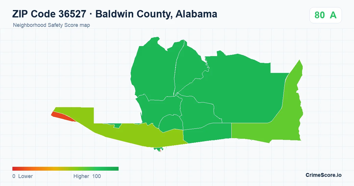 ZIP Code 36527 in Baldwin County, Alabama neighborhood Safety Score map