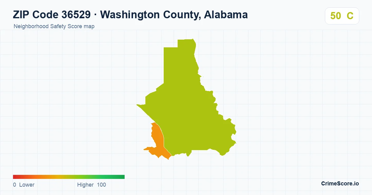 ZIP Code 36529 in Washington County, Alabama neighborhood Safety Score map