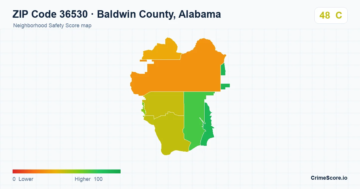 ZIP Code 36530 in Baldwin County, Alabama neighborhood Safety Score map
