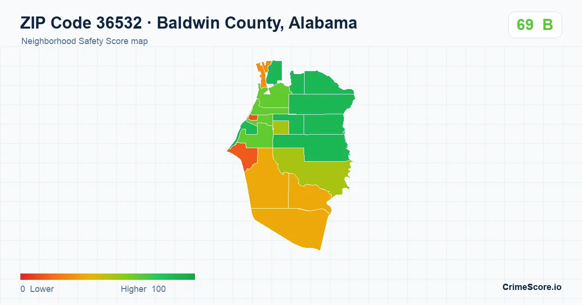 ZIP Code 36532 in Baldwin County, Alabama neighborhood Safety Score map