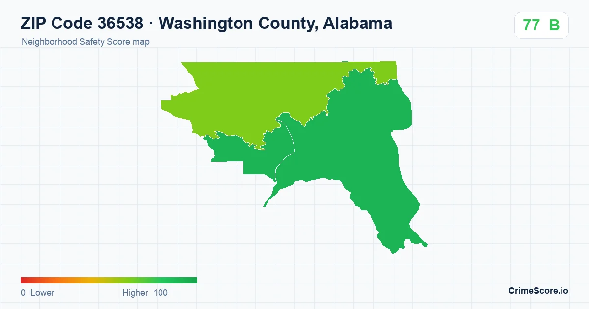 ZIP Code 36538 in Washington County, Alabama neighborhood Safety Score map
