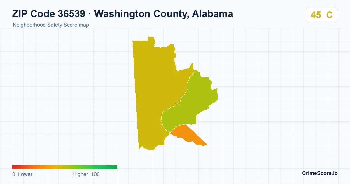 ZIP Code 36539 in Washington County, Alabama neighborhood Safety Score map