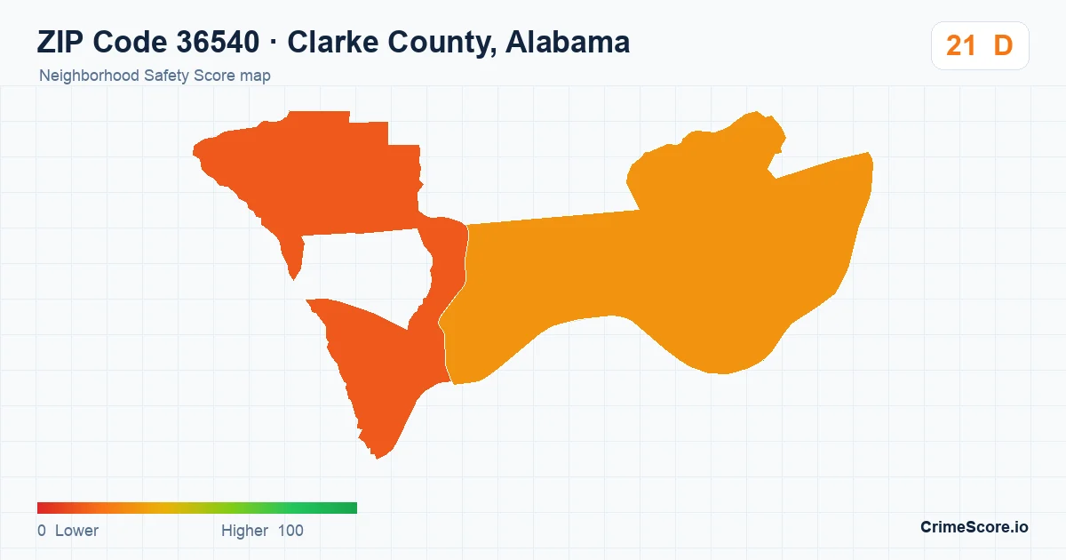 ZIP Code 36540 in Clarke County, Alabama neighborhood Safety Score map