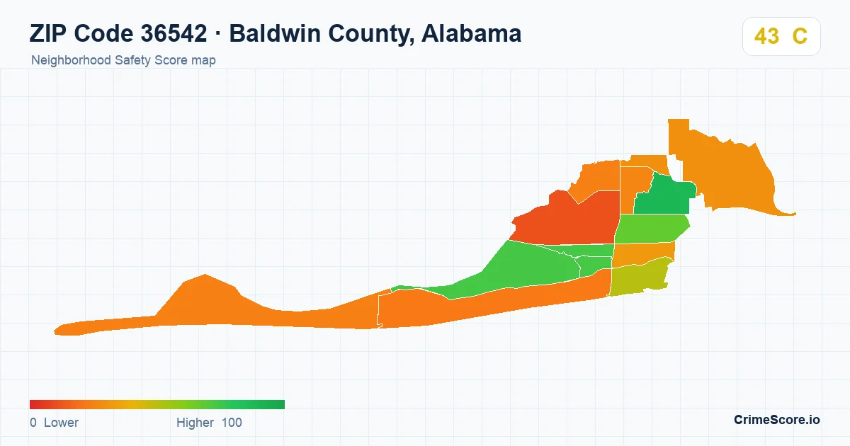 ZIP Code 36542 in Baldwin County, Alabama neighborhood Safety Score map