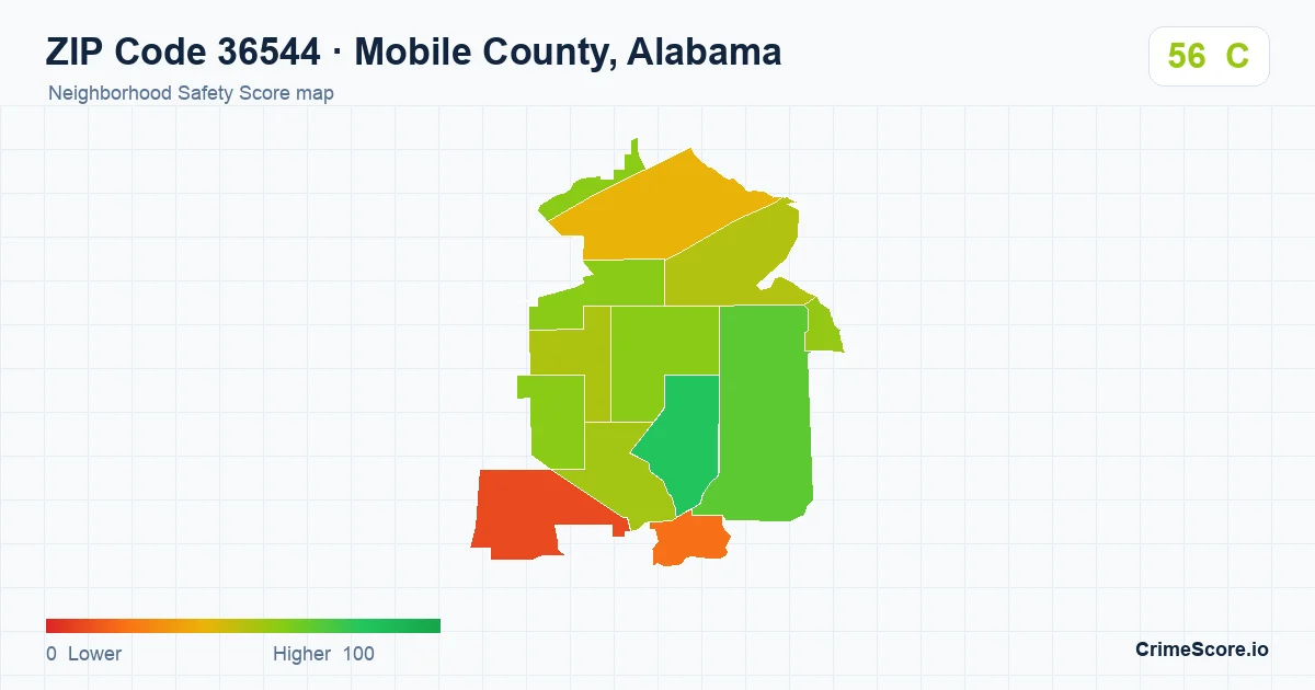 ZIP Code 36544 in Mobile County, Alabama neighborhood Safety Score map