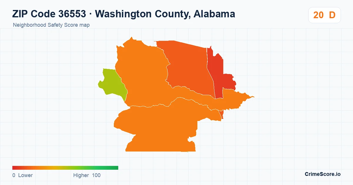 ZIP Code 36553 in Washington County, Alabama neighborhood Safety Score map
