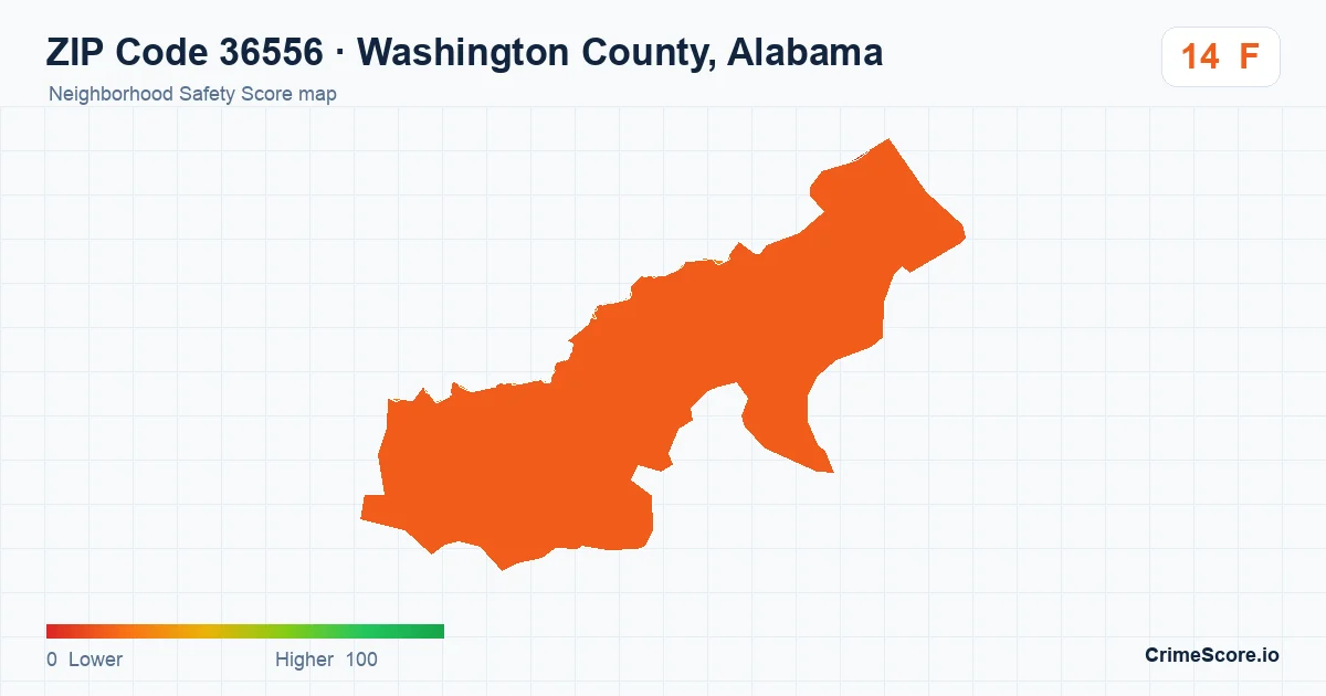 ZIP Code 36556 in Washington County, Alabama neighborhood Safety Score map