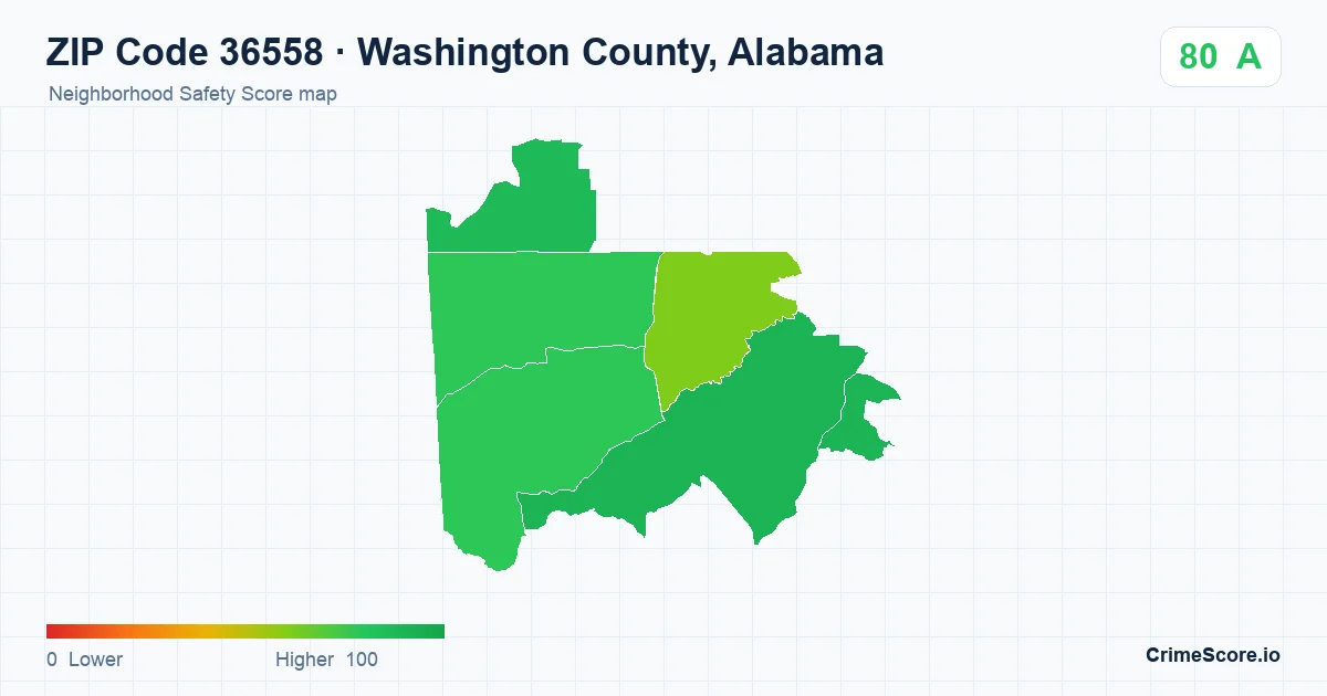 ZIP Code 36558 in Washington County, Alabama neighborhood Safety Score map