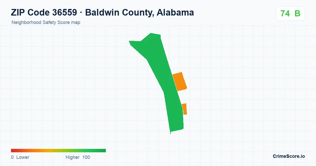 ZIP Code 36559 in Baldwin County, Alabama neighborhood Safety Score map