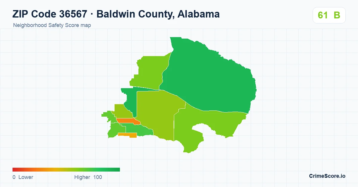 ZIP Code 36567 in Baldwin County, Alabama neighborhood Safety Score map