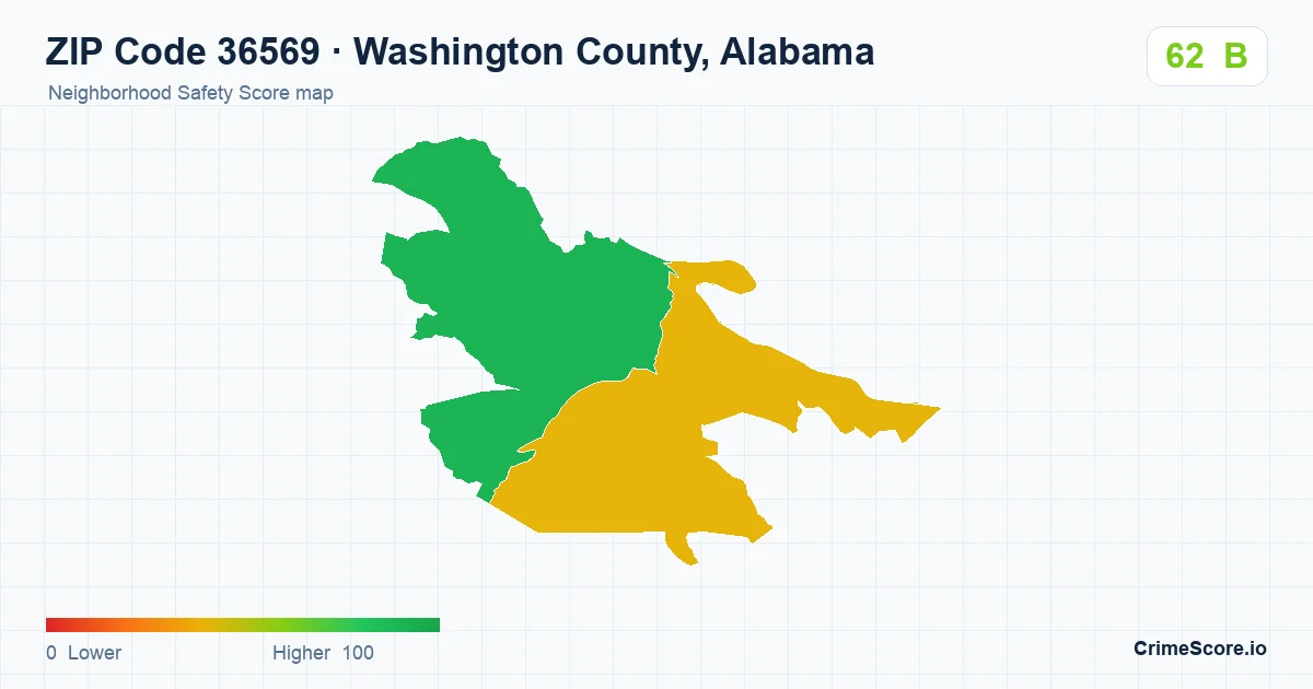 ZIP Code 36569 in Washington County, Alabama neighborhood Safety Score map
