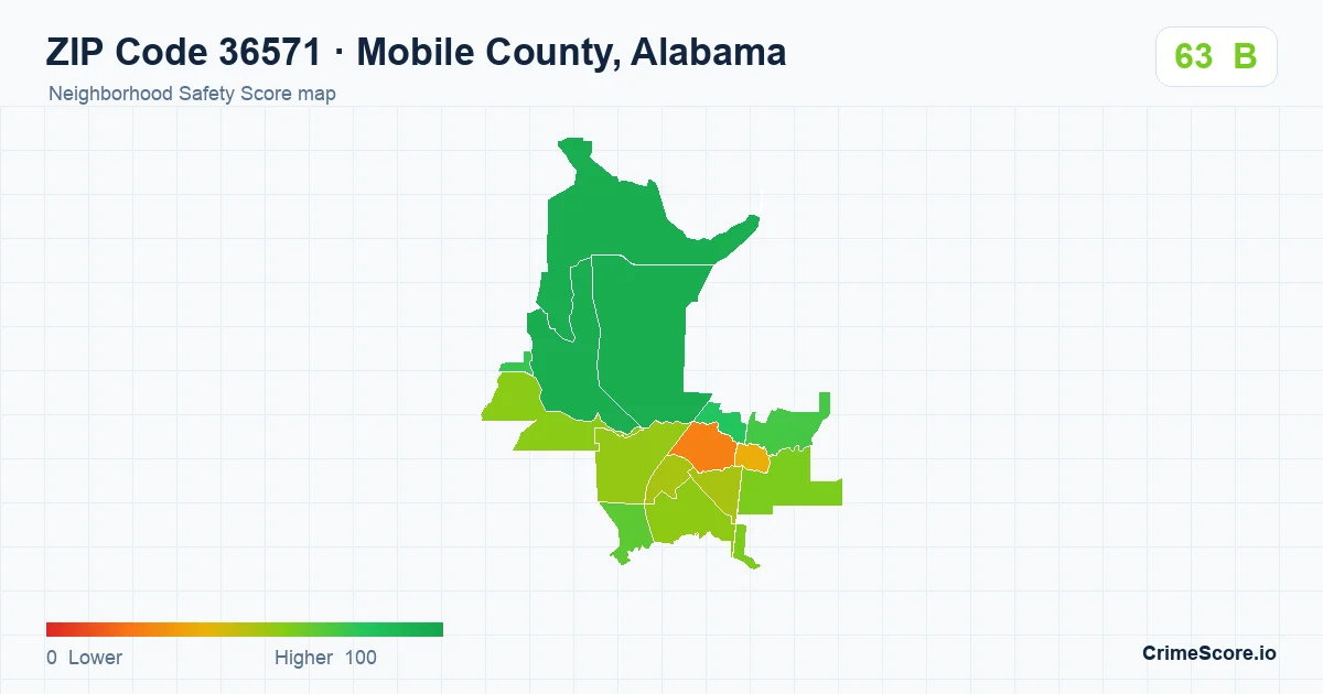 ZIP Code 36571 in Mobile County, Alabama neighborhood Safety Score map