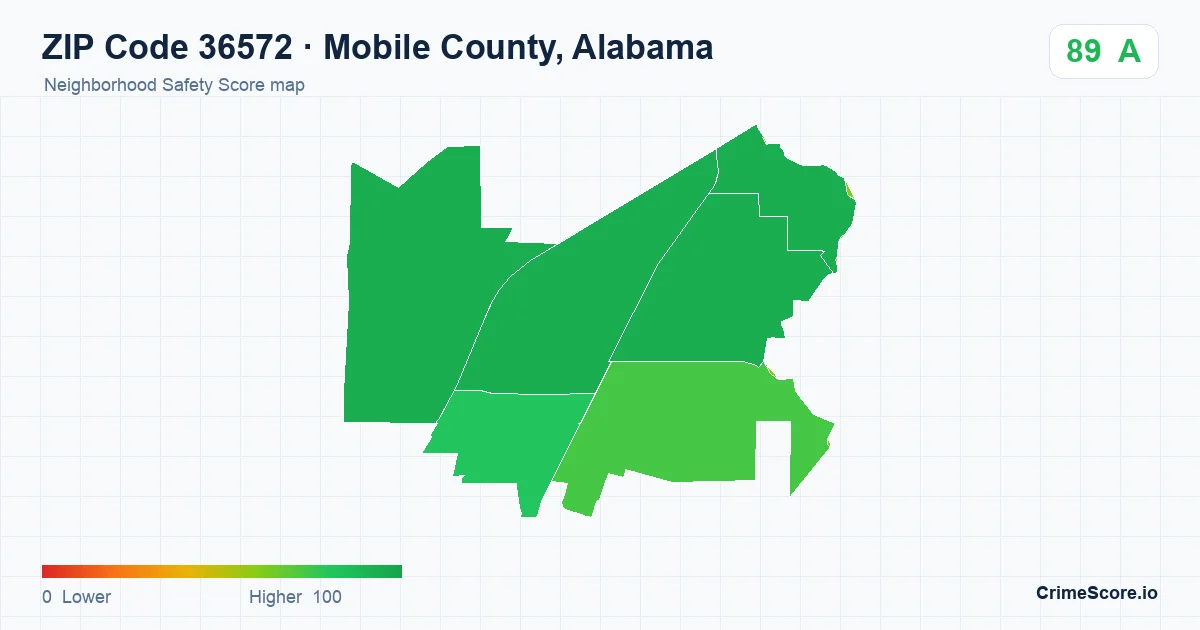 ZIP Code 36572 in Mobile County, Alabama neighborhood Safety Score map