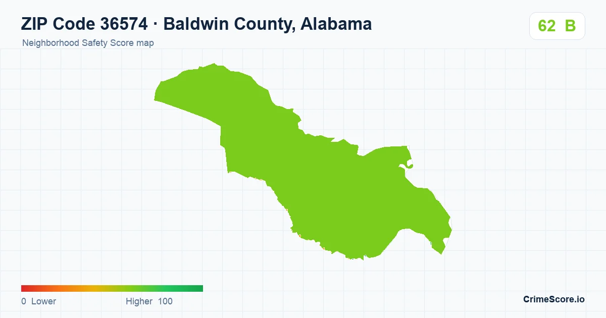 ZIP Code 36574 in Baldwin County, Alabama neighborhood Safety Score map