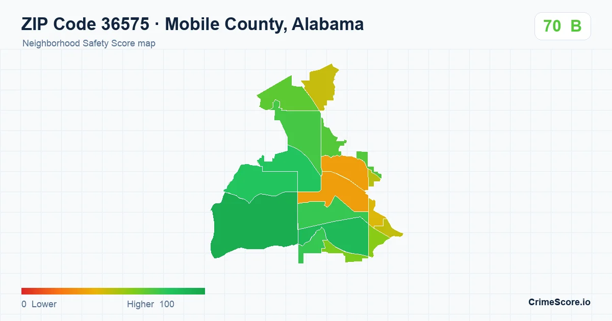 ZIP Code 36575 in Mobile County, Alabama neighborhood Safety Score map