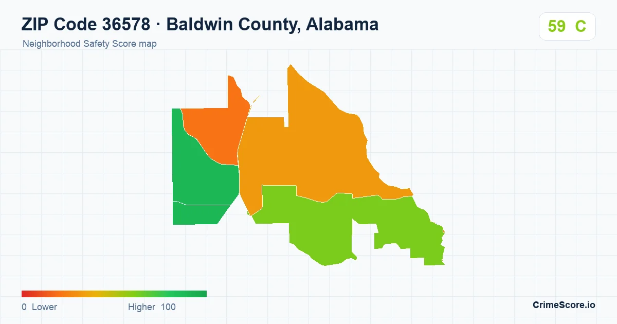 ZIP Code 36578 in Baldwin County, Alabama neighborhood Safety Score map