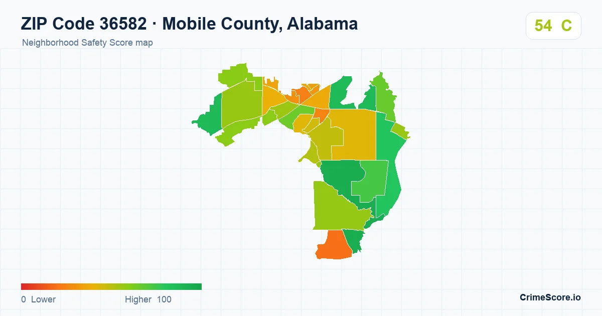 ZIP Code 36582 in Mobile County, Alabama neighborhood Safety Score map