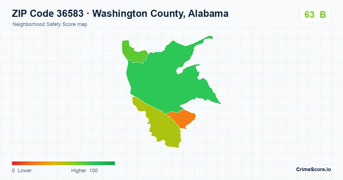 ZIP Code 36583 in Washington County, Alabama neighborhood Safety Score map