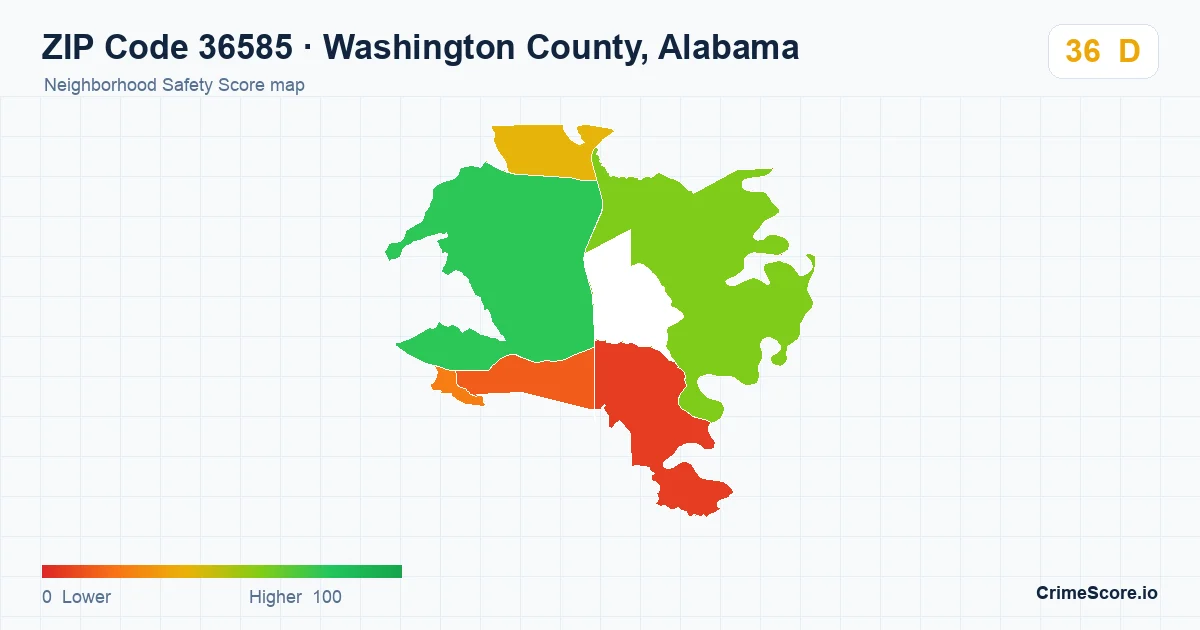 ZIP Code 36585 in Washington County, Alabama neighborhood Safety Score map