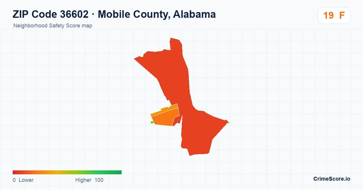 ZIP Code 36602 in Mobile County, Alabama neighborhood Safety Score map