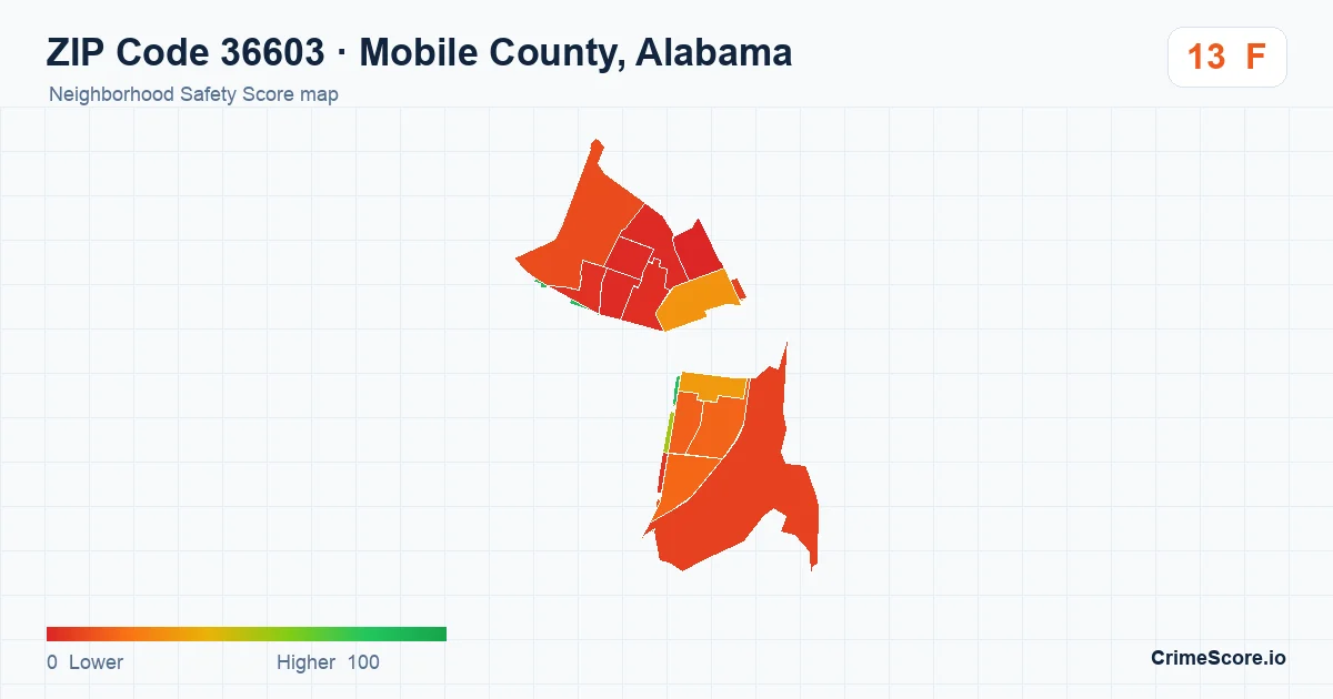 ZIP Code 36603 in Mobile County, Alabama neighborhood Safety Score map