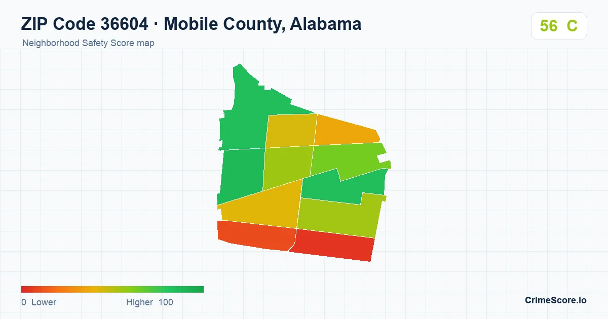 ZIP Code 36604 in Mobile County, Alabama neighborhood Safety Score map