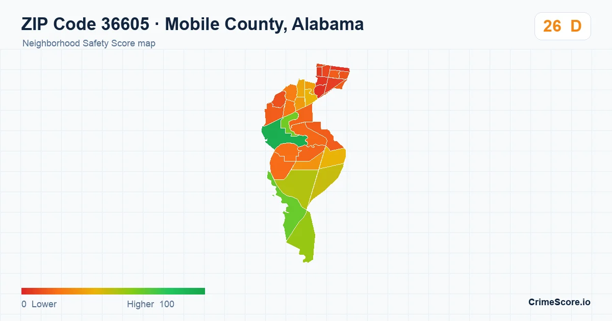 ZIP Code 36605 in Mobile County, Alabama neighborhood Safety Score map