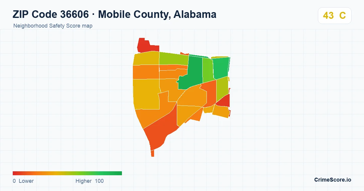 ZIP Code 36606 in Mobile County, Alabama neighborhood Safety Score map