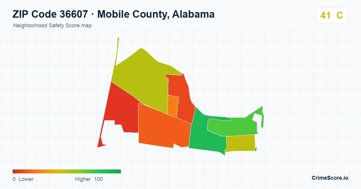 ZIP Code 36607 in Mobile County, Alabama neighborhood Safety Score map