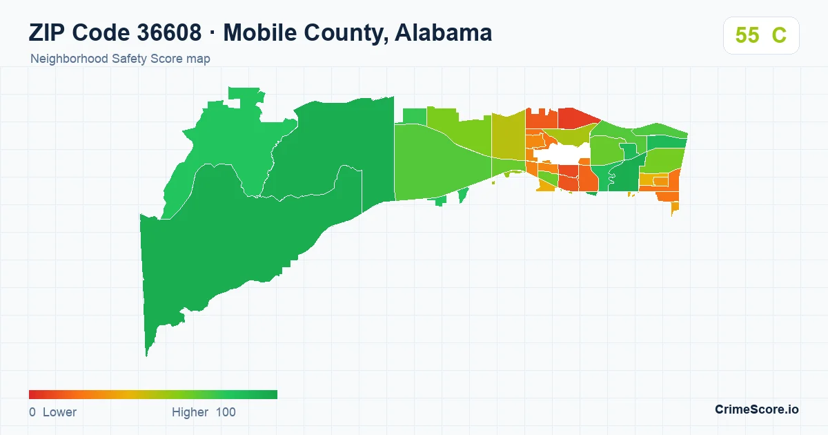 ZIP Code 36608 in Mobile County, Alabama neighborhood Safety Score map