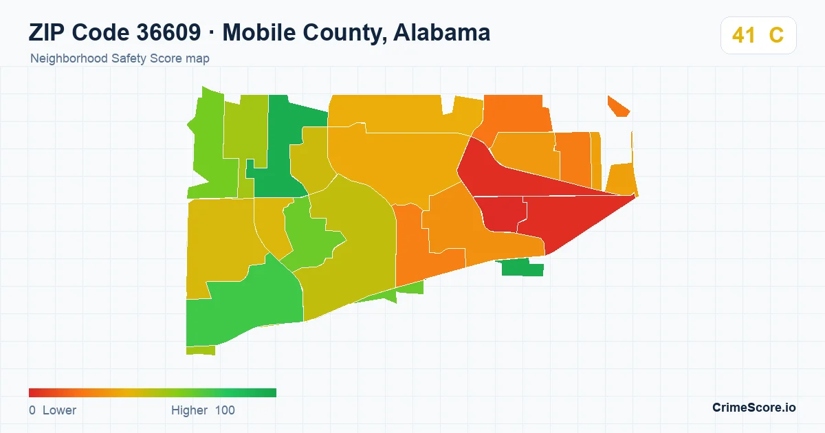 ZIP Code 36609 in Mobile County, Alabama neighborhood Safety Score map