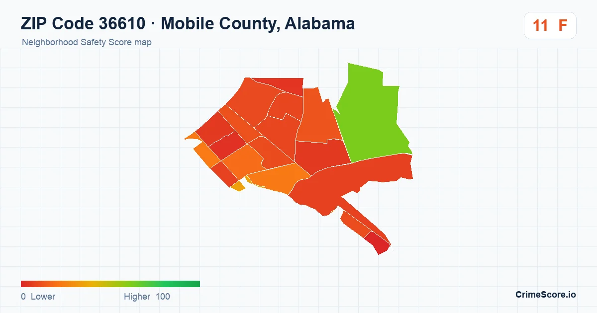 ZIP Code 36610 in Mobile County, Alabama neighborhood Safety Score map