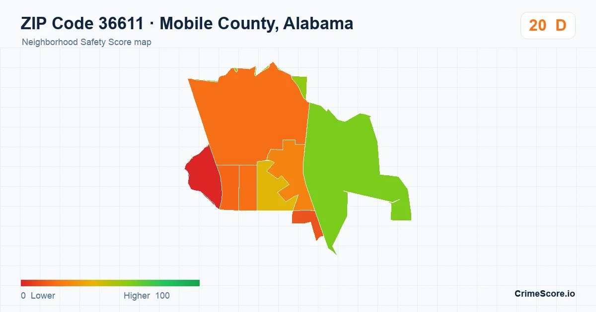 ZIP Code 36611 in Mobile County, Alabama neighborhood Safety Score map