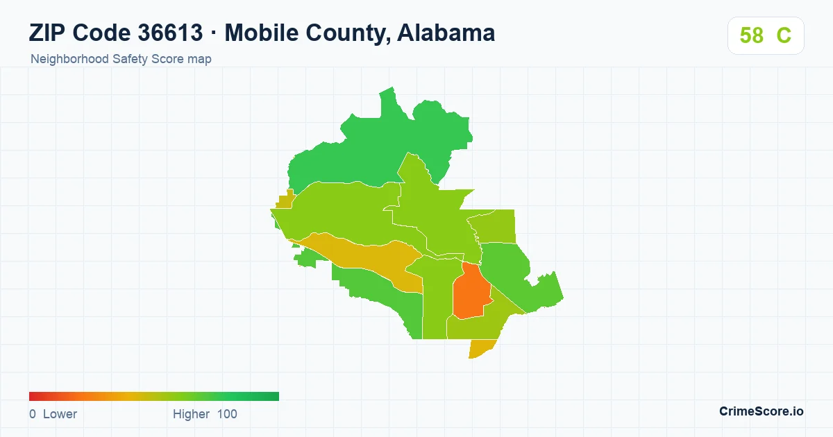 ZIP Code 36613 in Mobile County, Alabama neighborhood Safety Score map