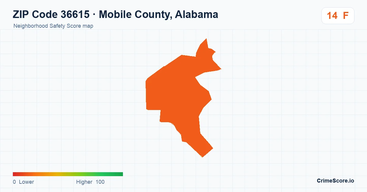 ZIP Code 36615 in Mobile County, Alabama neighborhood Safety Score map