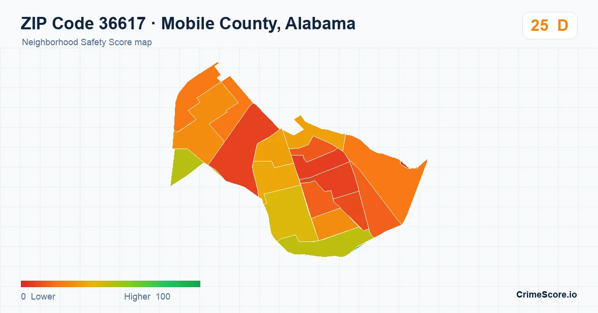 ZIP Code 36617 in Mobile County, Alabama neighborhood Safety Score map