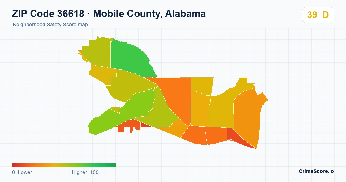 ZIP Code 36618 in Mobile County, Alabama neighborhood Safety Score map